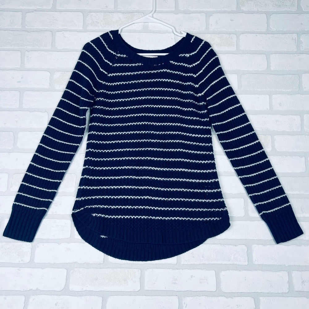 Pinque Womens Navy Blue White Striped Textured Knit High Low Sweater Size M